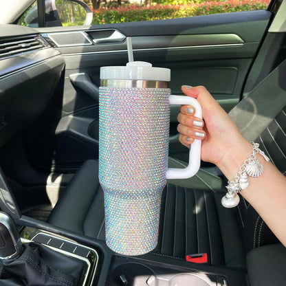 40Oz Bling Tumbler with Handle and Straw Lid Rhinestone Studded Tumbler Cups Vac