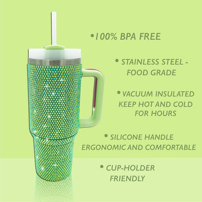 40Oz Bling Tumbler with Handle and Straw Lid Rhinestone Studded Tumbler Cups Vac