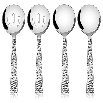 E-far Hammered Serving Spoons 4-Piece Stainless Steel Serving Utensils Set - Solid Spoons x 2 Slotted Spoons x 2 Metal Hostess Serving Tablespoons for Catering Buffet Party Kitchen Restaurant