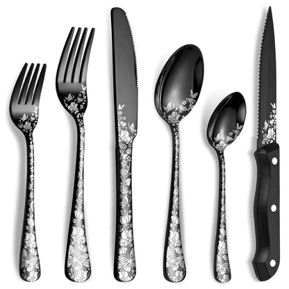 24-Piece Black Silverware Set with Steak Knife Stainless Steel Flatware Cutlery Set Service for 8 Mirror Polished Tableware Eating Utensils Set for Home Kitchen Dishwasher Safe
