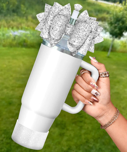 Toykee Cup Boot with Straw Cover for Stanley 40 30 oz - Bling Glitter Silver Bow Straw Topper and Diamond Caps with Bottom Protector 3 PCS Sets for Tumbler Accessories