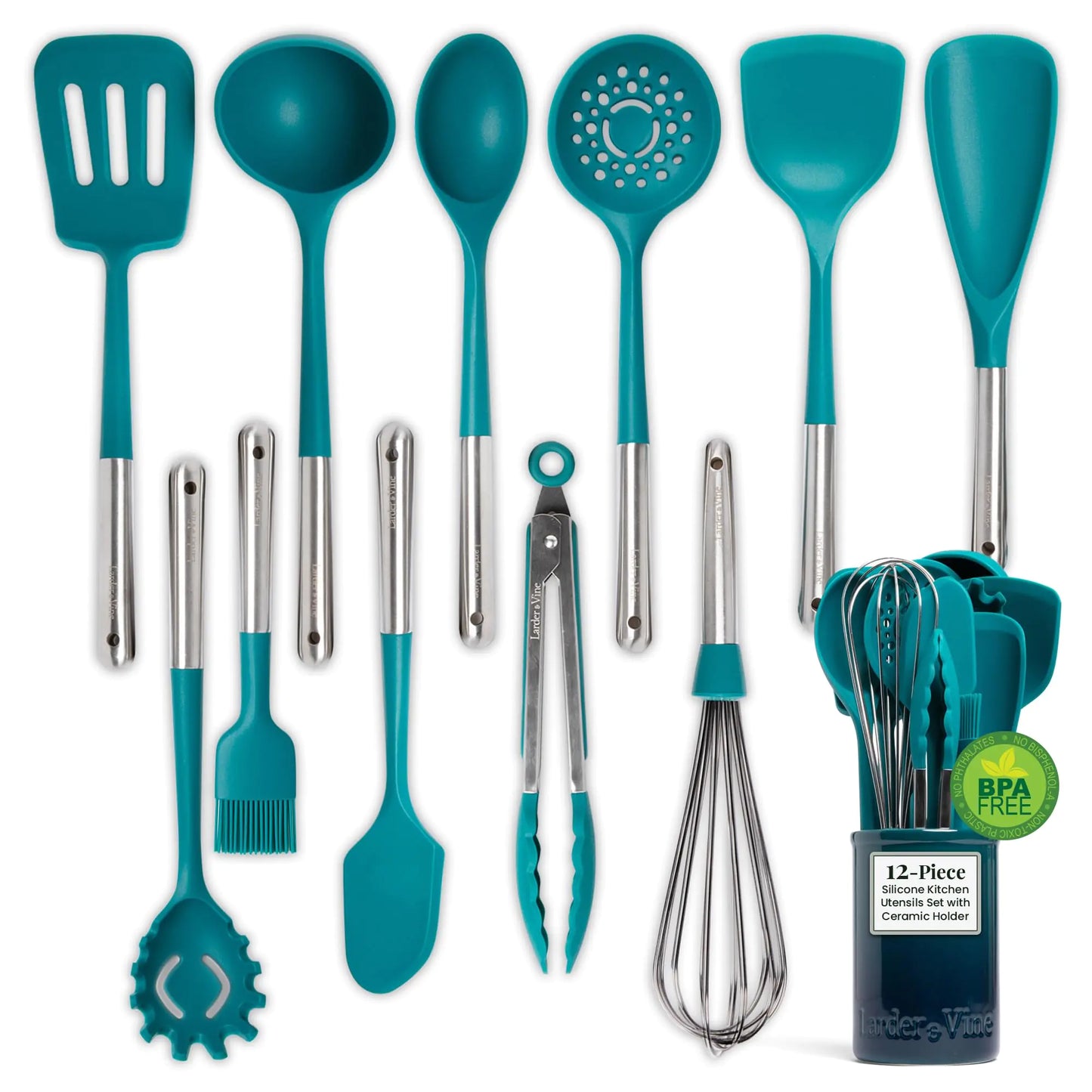 12-Piece Silicone Cooking Utensils Set | Silicone Utensils with Stainless Steel Handle and Ceramic Holder | Kitchen Utensils Set | Dishwasher Safe Set of Kitchen Essentials | Bondi