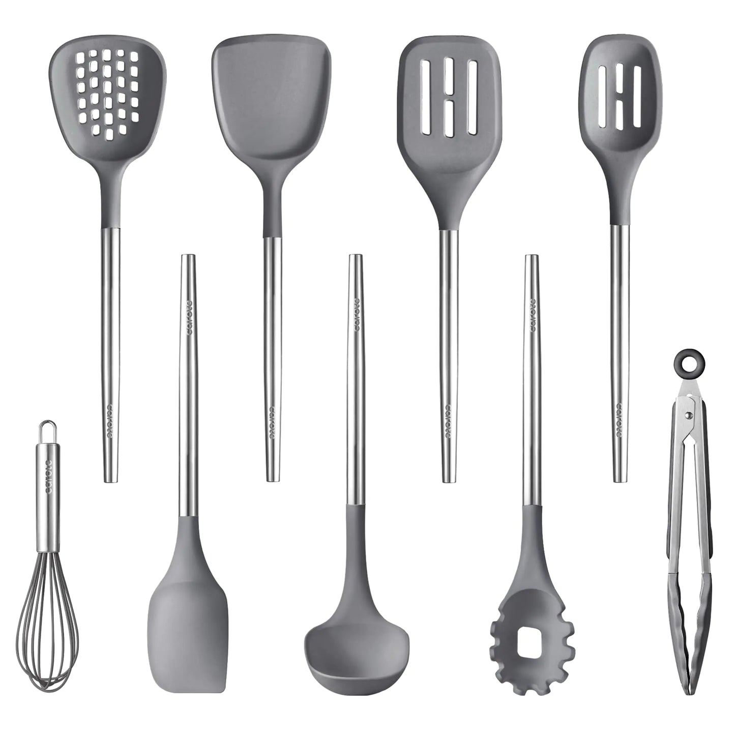 CAROTE 9PCS Kitchen Utensils Set Silicone Kitchen Utensils Set with Stainless Steel Handle for Non-Stick Cookware Set Dishwasher Safe Grey