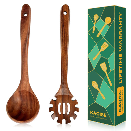 Wooden Spoons for Cooking 2PCS Natural Teak Wooden Utensils NonStick Kitchen Utensils Set for StirringServing Spaghetti Soup Sauce (Ladle & Pasta Fork)