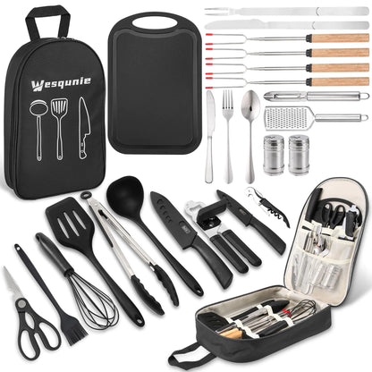Wesqunie Camping Utensils Cooking Set - Camping Cookware Accessories Set Portable Outdoor Camp Cooking Essentials Equipment Kit Camp Kitchen Organizer Gear for Rv Picnic Grill Travel