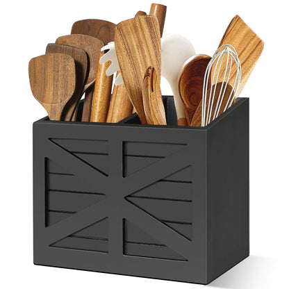 Uipame Wood Utensil Holder Large Kitchen Utensil Holder for Countertop Cooking Utensil Organizer for Flatware Black Utensil Caddy with 2 Compartments Rustic Utensils Organizer for Kitchen Counter