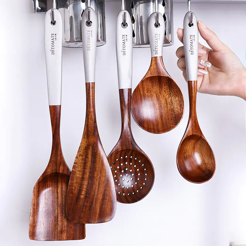 Colorful Teak Kitchen Utensils Set with Soup Spoon