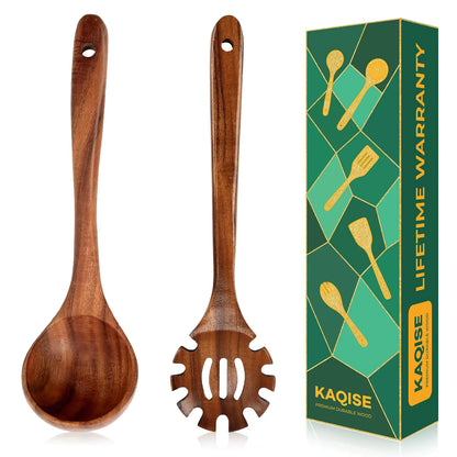 Wooden Spoons for Cooking 2PCS Natural Teak Wooden Utensils NonStick Kitchen Utensils Set for StirringServing Spaghetti Soup Sauce (Ladle & Pasta Fork)