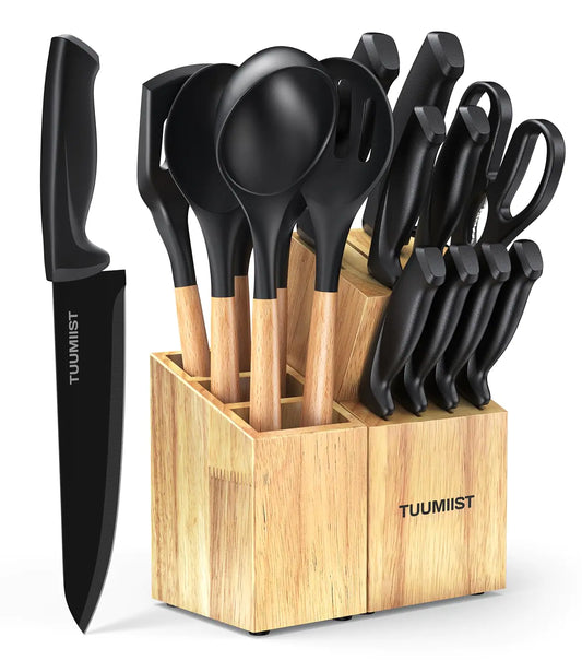TUUMIIST 18-Piece Knife Sets for Kitchen with Block and Sharpener & Kitchen Utensils Set & Removable Utensil Holder (Wood & Black)-Precision Cutting Effortless Sharpening Convenient Organization