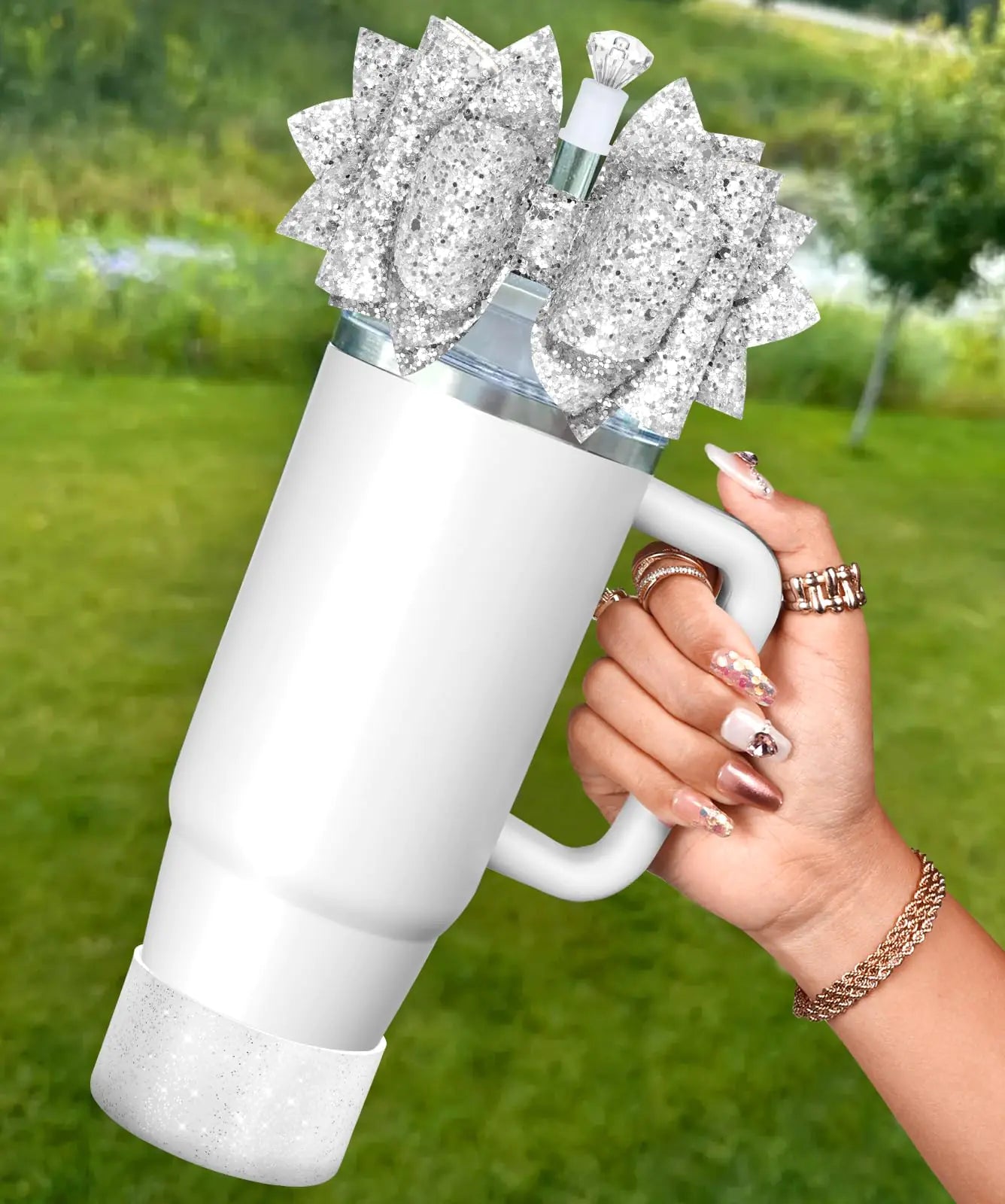 Toykee Cup Boot with Straw Cover for Stanley 40 30 oz - Bling Glitter Silver Bow Straw Topper and Diamond Caps with Bottom Protector 3 PCS Sets for Tumbler Accessories